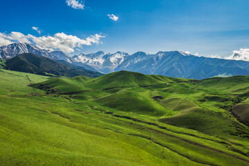 Green valley against the backdrop of green hills and snow-capped peaks.Blue sky with clouds.Journey into the wild.