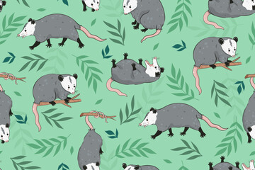 Seamless pattern with cute opossums and leaves. Vector graphics.