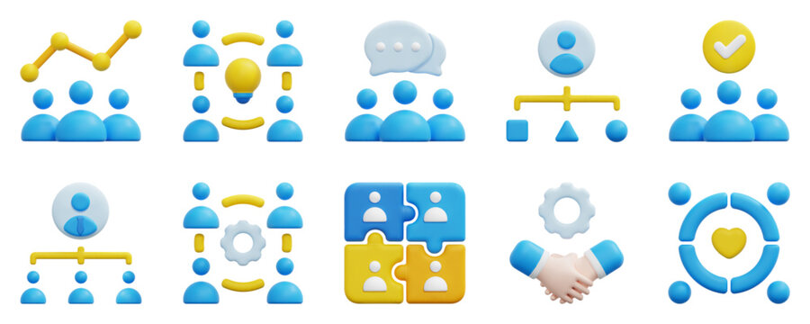 Teamwork 3d vector icon set. Analytic, brainstorm, chat, coordination, group, structure, support, team, teamwork, unity. Isolated on white background. 3d icon vector render illustration.