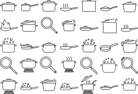 Pot and frying pan line set icon, cooking food logo vector