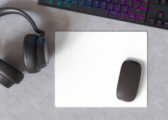 Blank and transparent computer mouse pad on the desk at home. Mousepad mockup as png. Copy space for your picture or text. Empty mouse mat ready for your design. Mock up, template. 3D render. © Creative_Bird