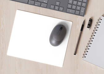 Blank and transparent computer mouse pad on the desk at home. Mousepad mockup as png. Copy space for your picture or text. Empty mouse mat ready for your design. Mock up, template. 3D render. © Creative_Bird