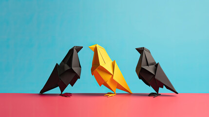 Three paper origami pigeons black yellow red in a dovish concept