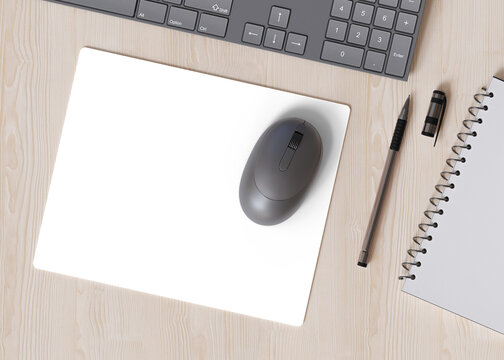 Blank and transparent computer mouse pad on the desk at home. Mousepad mockup as png. Copy space for your picture or text. Empty mouse mat ready for your design. Mock up, template. 3D render.