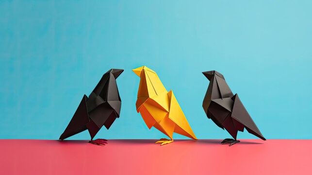 Three paper origami pigeons black yellow red in a dovish concept