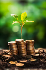 Sowing Financial Success: Ultra-Realistic Seedlings on Coin Stacks Symbolize Business Growth