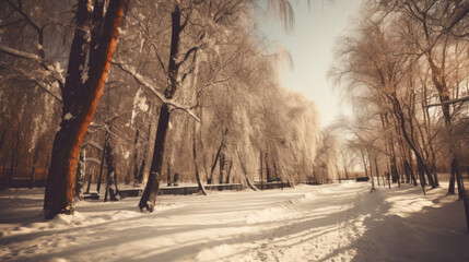 Winter park in snow sunny day Retro colours background