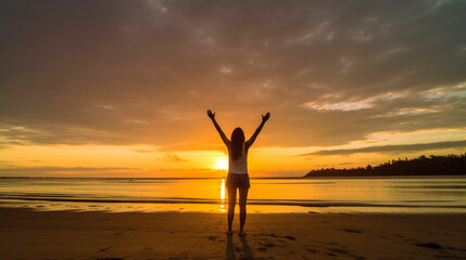 Happy woman silhouette in the sunset