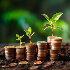 Fototapeta na wymiar Sowing Financial Success: Ultra-Realistic Seedlings on Coin Stacks Symbolize Business Growth
