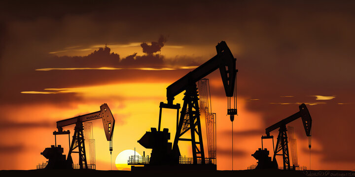 Ai generated illustration  silhouette of a rig at the backdrop of stunning orange sunset