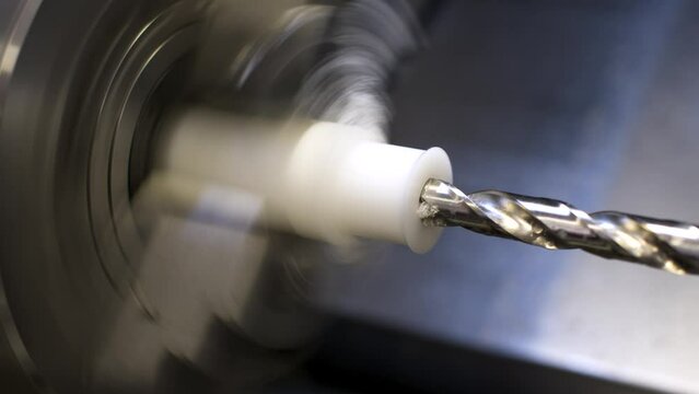 An automated lathe turns a textolite product in automatic mode. Production industrial video
