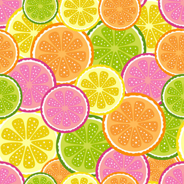 cartoon seamless pattern with slices of citrus fruits