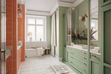 Modern cozy bathroom, classic interior design with light coral, green and white colors. Super photo realistic background, generative ai illustration