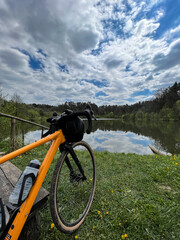 Gravel bicycle in the city park on the spring season