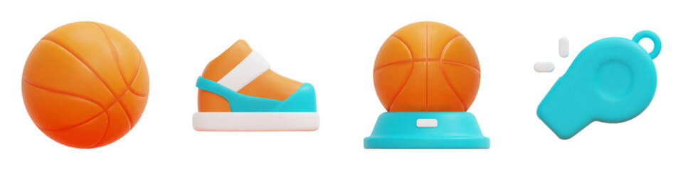 Basketball 3d vector icon set. Ball, shoes, trophy, whistle. 3d basketball and equipment concept. Isolated on white background. 3d icon vector render illustration.