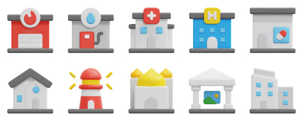 Buildings 3d vector icon set. Fire station, gas station, hospital, hotel, house, lighthouse, mosque, museum, office, pharmacy. Isolated on white background. 3d icon vector render illustration.