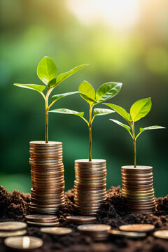 Growing Money: Seedlings Sprout on Coin Stacks, Illustrating the Concept of Financial Growth
