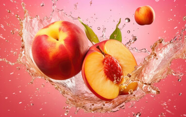Dynamic Dance of Refreshment: Photorealistic Composition of Peaches and Water Splashes, Creating a Fragmented Advertising Scene with Traditional Essence. Generative AI