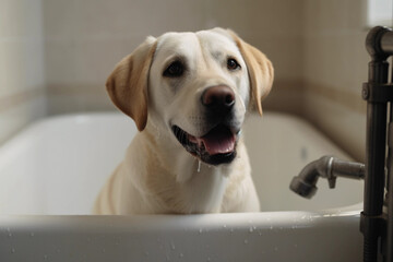 Labrador in Bathtub: A Refreshing Moment of Relaxation. Generative AI.