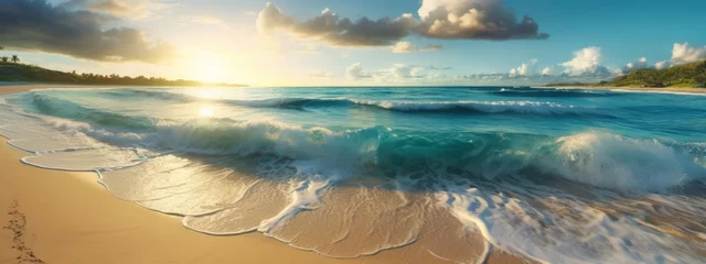 Foto auf Alu-Dibond Landscape seascape summer vacation holiday waves surf travel tropical sea background panorama - Turquoise ocean sand beach, coastline, seascape with sunshine (Generative Ai) © Corri Seizinger