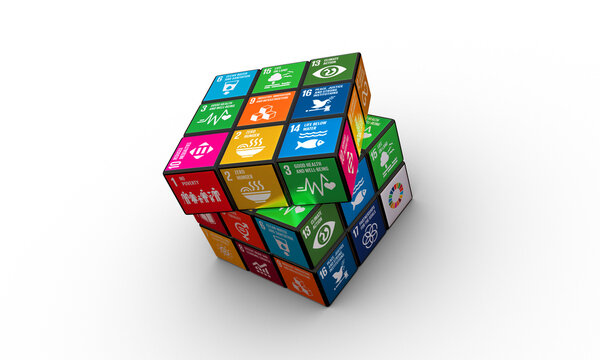 SDG Rubik's Cube. sustainable development goals 3D Rendering Rubik's cube. Perth, Australia-May 01 2020. Rubik's cube invented by Erno Rubik1947.