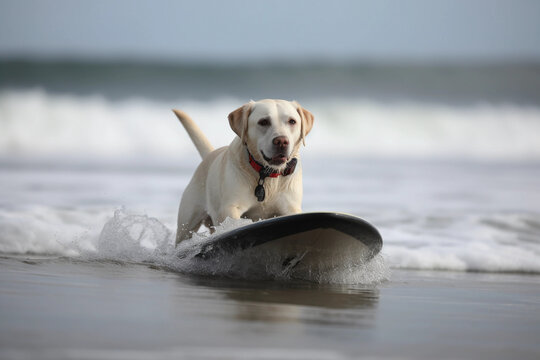 Surfing with Style: A Labrador's Beach Adventure. AI Generated.