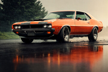 1970s american vintage muscle car on the road