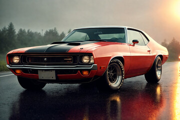 Fototapeta na wymiar 1970s american vintage muscle car on the road