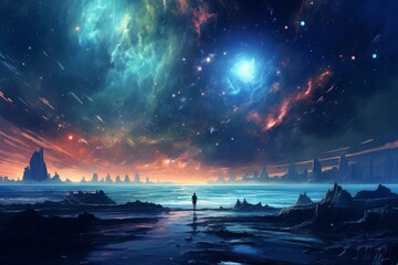 Amidst cosmic wonders, a figure walks in celestial waters. Surreal scene with a starry sky, crescent moon, meteor shower, and captivating nebulas on an alien planet. Generative AI