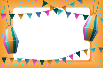 Festive poster, banner. Paper lanterns, party flags garland and confetti. Vector illustration.