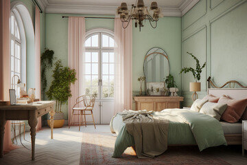 Modern cozy bedroom, classic interior design with light coral, green and white colors. Super photo realistic background, generative ai illustration