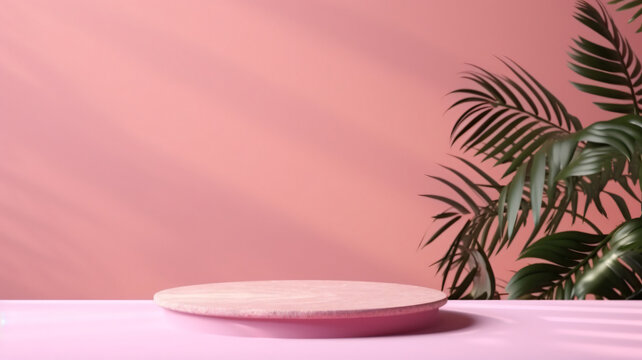 Empty table on pink texture wall background. Composition with leaves shadows on the wall and light reflections. Mock up for presentation, branding products, cosmetics food or jewelry, luxury.