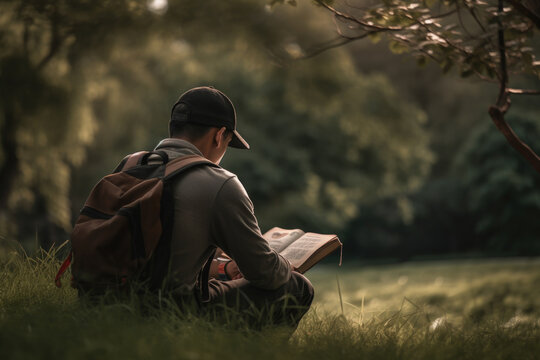 Man reading book at nature park background. World book day and hobby education concept. Generative ai.