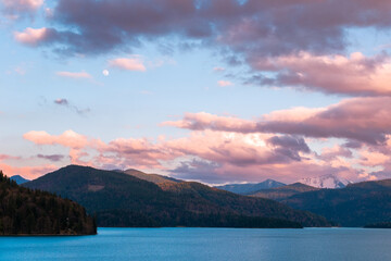 Sunset atmosphere over Lake Walchensee, Bavaria, Germany.