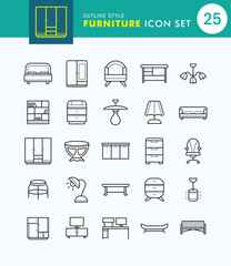 Set of Furniture Icon Outline Style. Cupboard, Table, Kitchen, Bed.