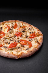 Delicious pizza with chicken, tomatoes and cheese with salt and sauce