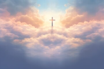A cross breaking through the clouds, embraced by tranquil sky-blue and resplendent golden tones, generative ai