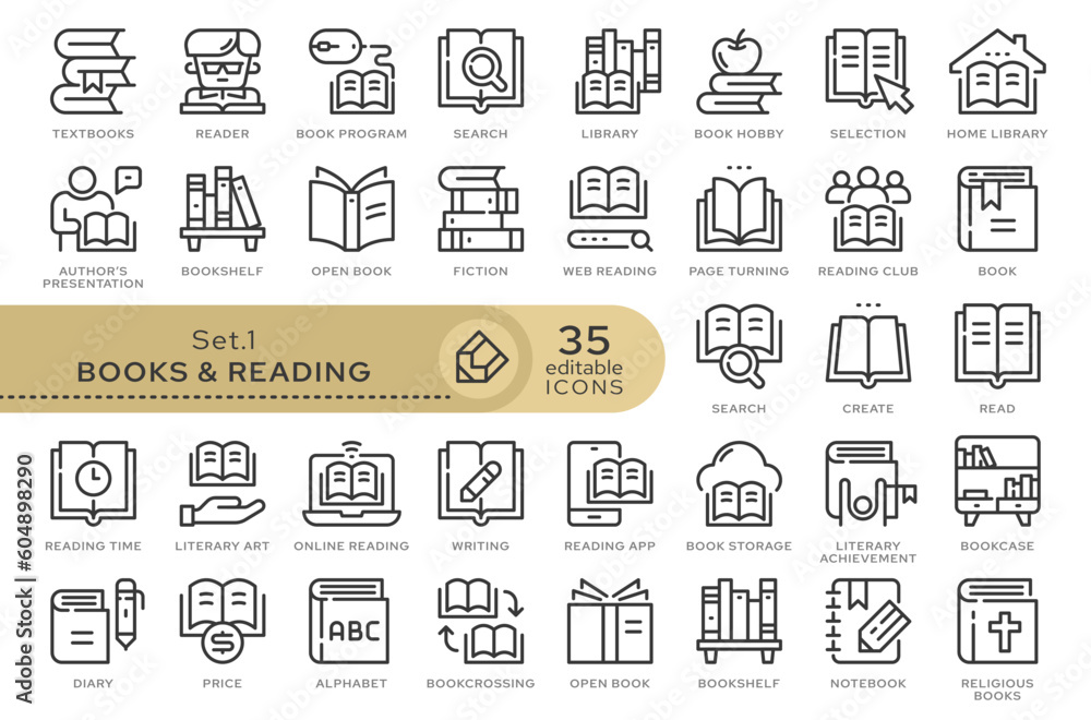 Fototapete Set of conceptual icons. Vector icons in flat linear style for web sites, applications and other graphic resources. Set from the series - Books and REading. Editable outline icon.	
