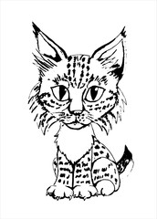 Little baby lynx. Cartoon vector illustration. Black and white.