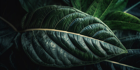 Closeup jungle, tropical green leaf. Macroshoot of green leaves. tropical forest plant. Natural botanical background, banner, cover. Generative ai.