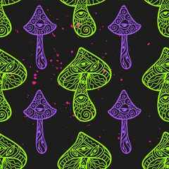 Magic Mushrooms mandala. Psychedelic pattern. Vector illustration. Zen Boho art. Decorative mushrooms, hippie, hallucination psilocybin 60s 70s