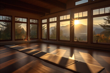 Serene and calming yoga room with bamboo floors, natural mats. Generative AI.
