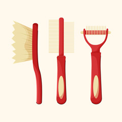A set of brushes for grooming pets. Care, care. Vector illustration in flat style.