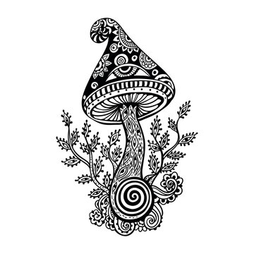 Magic Mushrooms mandala. Psychedelic pattern. Vector illustration. Zen Boho art. Decorative mushrooms, hippie, hallucination psilocybin 60s 70s