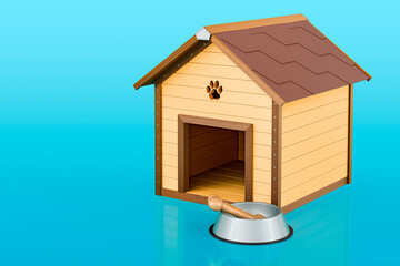 Obraz na płótnie Canvas Wooden doghouse with bowl and bone on blue background, 3D rendering