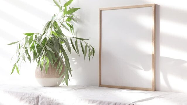 Video wooden photo frame mockup with beige vase with eucalyptus 