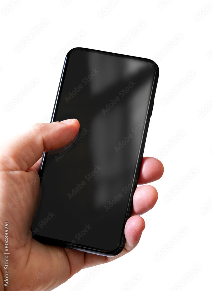 Poster Hand holding a smartphone with blank black screen. Isolated on transparent background.