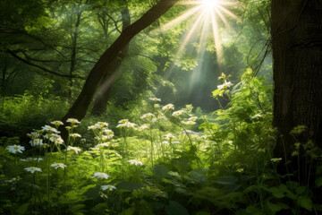 Sunshine on trees in a forest, flowers and nature motifs, naturalistic landscape backgrounds. Generative Ai Illustration.