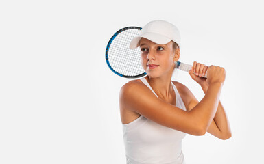 Tennis player. Girl teenager athlete with racket isolated on white background. Sport concept.