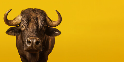 Portrait of an African buffalo isolated on bright yellow background. Banner, place holder, copy space.